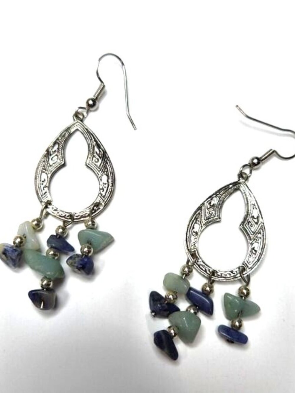 Boho Silver Tone Teardrop Earrings with Blue & Green Gemstone Chip Dangles